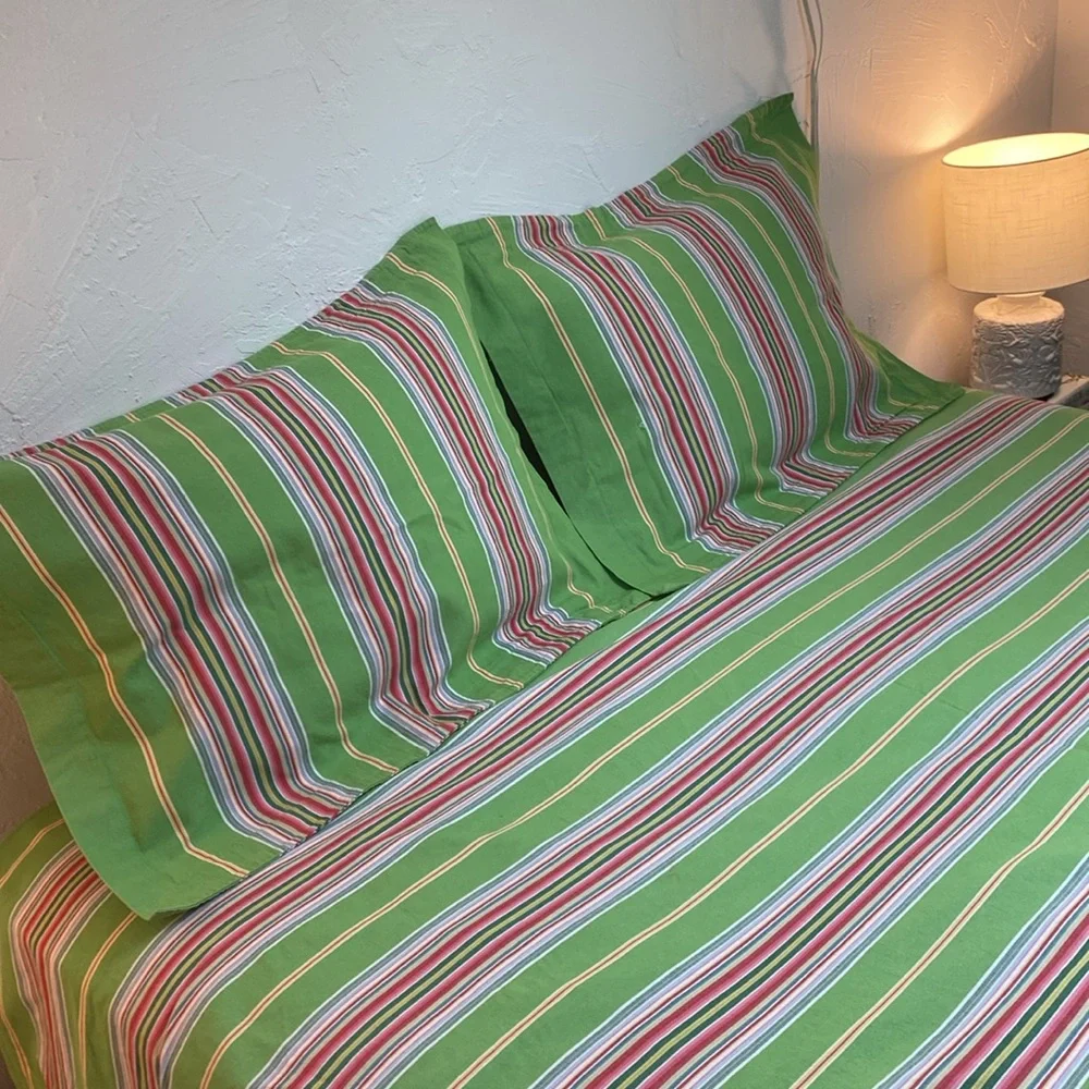 Pottery Barn Newport Green Striped Duvet Queen Two Standard Pillow Shams Set